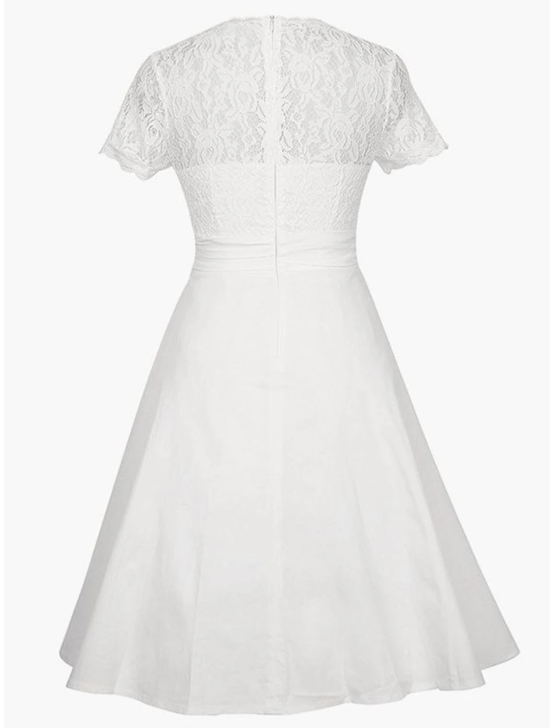 Back view of an A-line knee-length satin dress with intricate appliques.