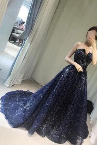 Elegante vestido de fiesta largo azul marino brillante sin tirantes de corte A 