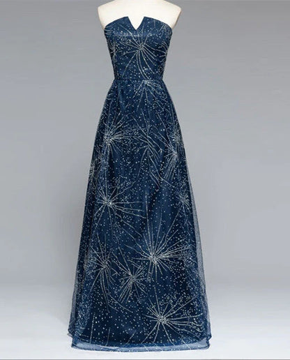 Elegante vestido de fiesta largo azul marino brillante sin tirantes de corte A 