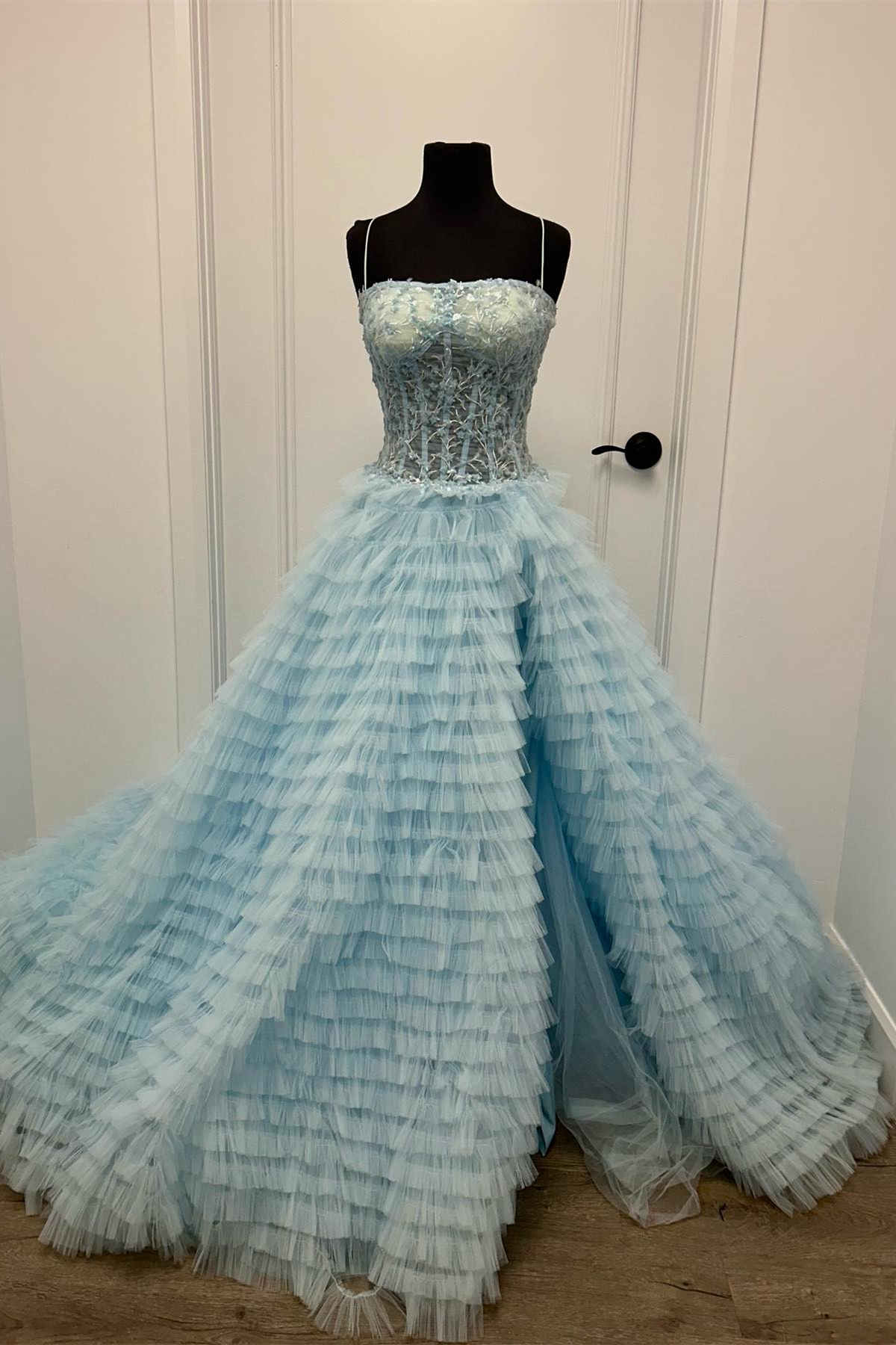 Elegant A Line Sweetheart Tulle Light Blue Tiered Prom Dress with Slit