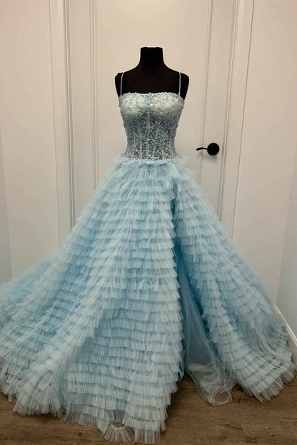 Elegant A Line Sweetheart Tulle Light Blue Tiered Prom Dress with Slit