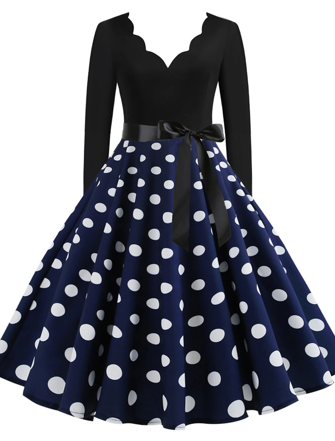 Woman wearing a blue 1950s vintage A-line midi dress with a sweetheart neckline.