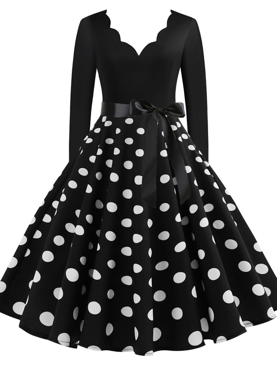 Woman wearing a black 1950s vintage A-line midi dress with a sweetheart neckline.