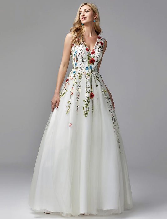 Model wearing an elegant A-line V-neck lace floral floor-length gown.