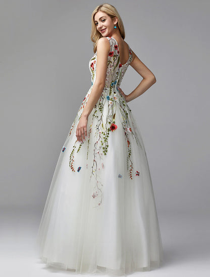 Back view of an A-line V-neck lace floral floor-length gown with embroidery.