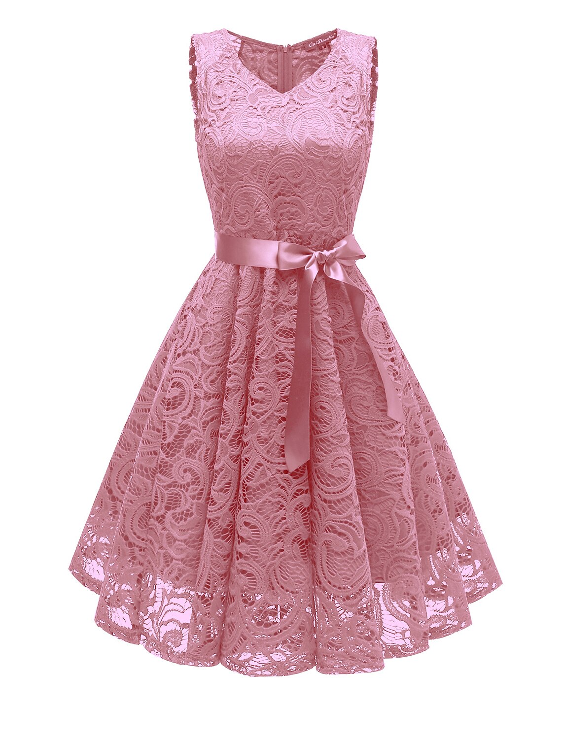 Elegant A-line V-neck lace cocktail dress with bows.