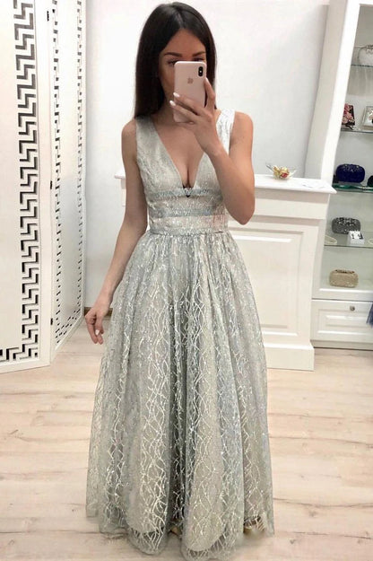 Vestidos de fiesta con escote en V, tirantes de encaje y corte A, vestidos de noche económicos hasta el suelo 
