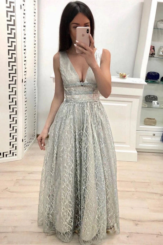 Vestidos de fiesta con escote en V, tirantes de encaje y corte A, vestidos de noche económicos hasta el suelo 