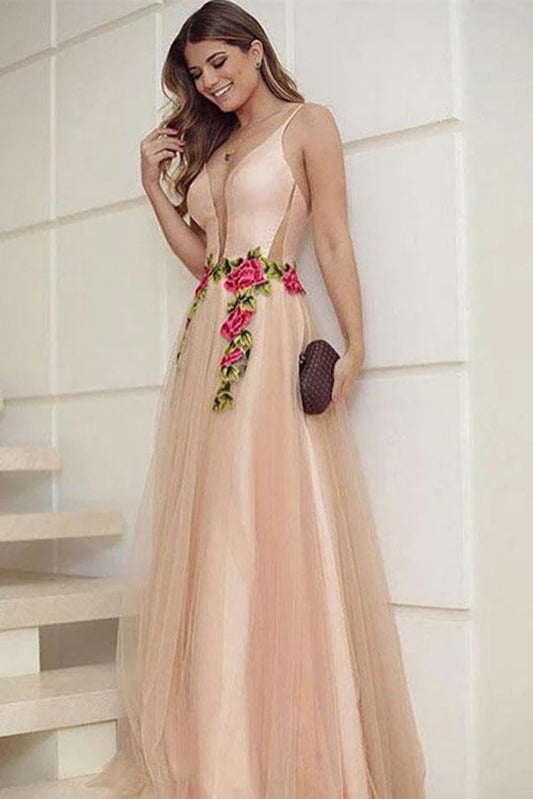 Vestidos de fiesta largos con escote en V, tirantes finos, tul, sin mangas, apliques 