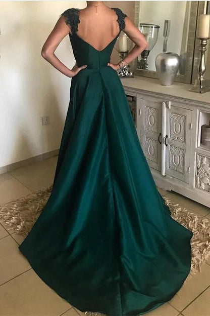 Elegante vestido de fiesta de satén largo con escote en V y espalda abierta en verde pavo real con cuentas 