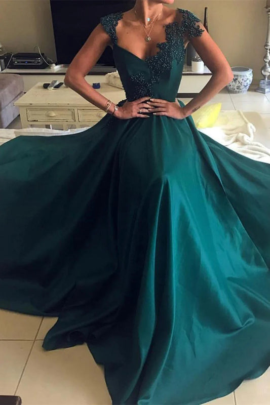 Elegante vestido de fiesta de satén largo con escote en V y espalda abierta en verde pavo real con cuentas 