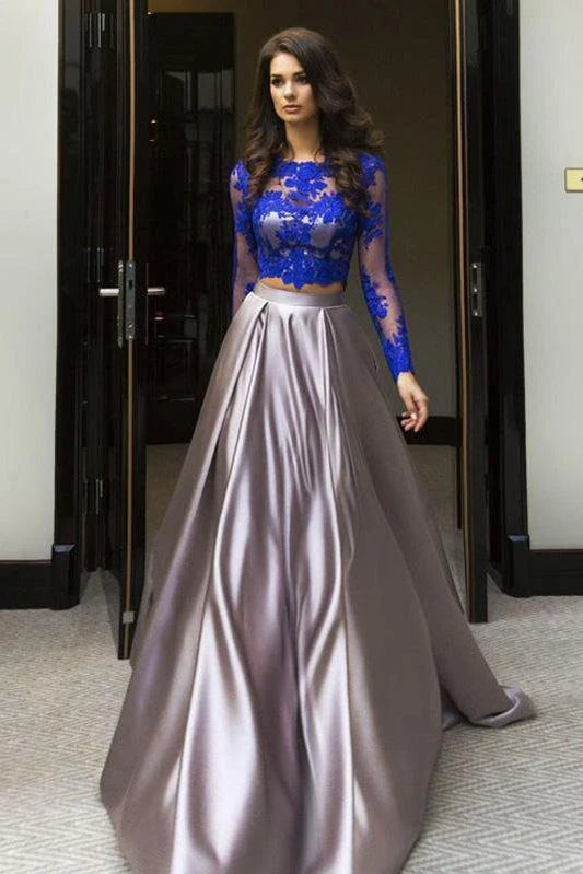 Elegante vestido de fiesta azul de dos piezas, corte A, escote redondo, manga larga, satén elástico, largo hasta el suelo 