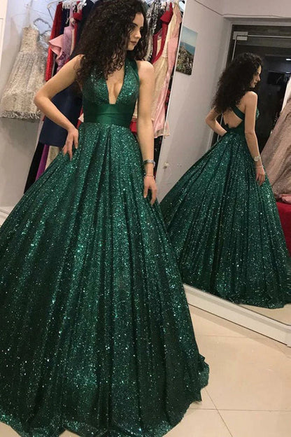 Elegantes vestidos de fiesta verdes con escote en V profundo y entrecruzados, vestidos de noche largos con lentejuelas 