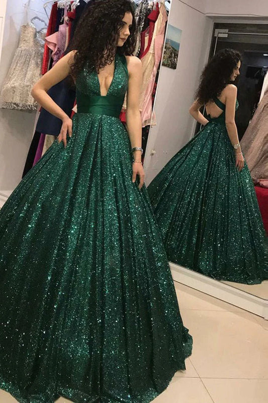Elegantes vestidos de fiesta verdes con escote en V profundo y entrecruzados, vestidos de noche largos con lentejuelas 