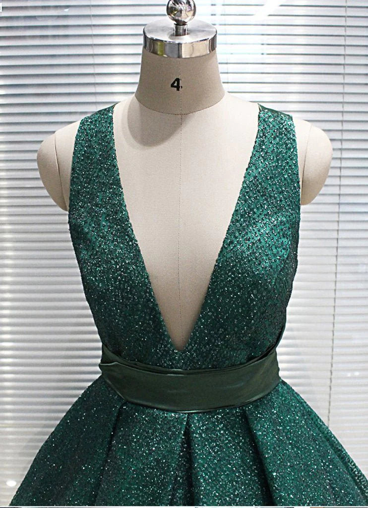 Elegantes vestidos de fiesta verdes con escote en V profundo y entrecruzados, vestidos de noche largos con lentejuelas 