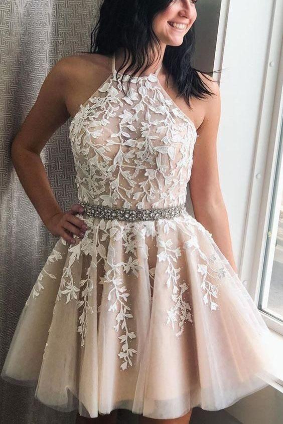 Vestidos de cóctel cortos con apliques y cuentas, vestidos sencillos para el regreso a casa