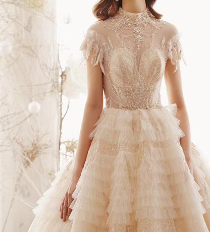 Elegant High Neck Ball Gown Wedding Dresses Short Sleeve Quinceanera Dresses