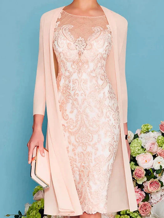 Illusion Neck Knee Length 3/4 Sleeve Sheath / Column Mother of the Bride Dress with Embroidery