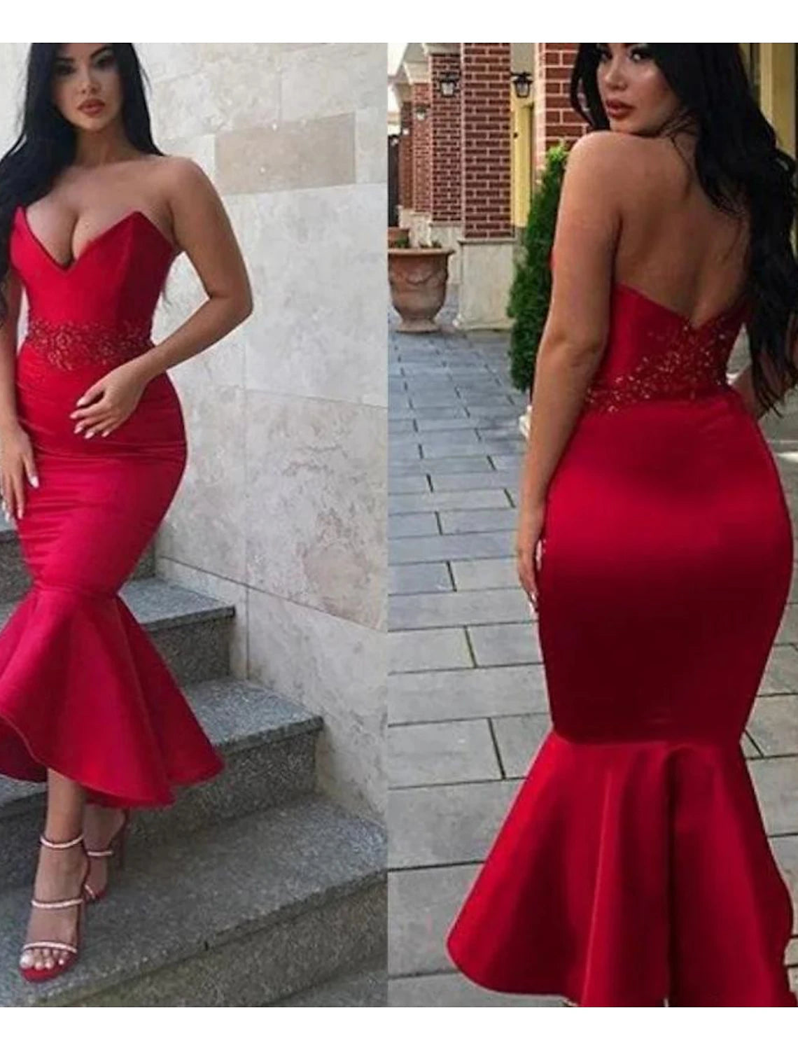 Elegant mermaid trumpet party dress with a backless V-neck and appliques, shown in full length.