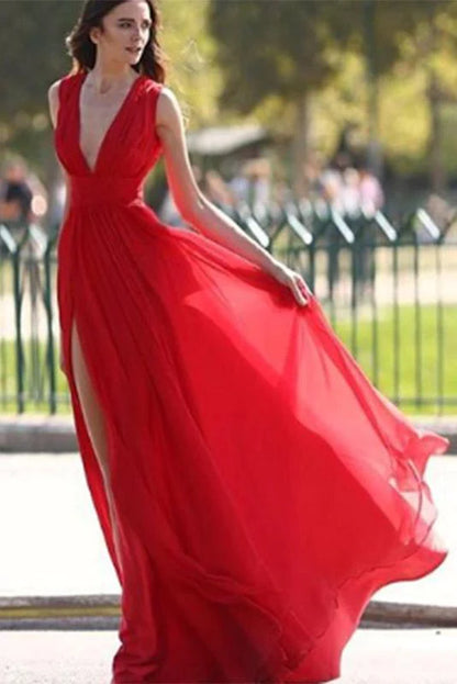 Elegante vestido de fiesta rojo con escote en V y abertura, corte A, de gasa, sexy, largo hasta el suelo 