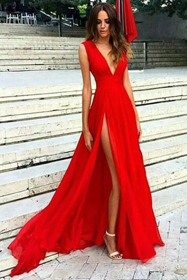 Elegante vestido de fiesta rojo con escote en V y abertura, corte A, de gasa, sexy, largo hasta el suelo 