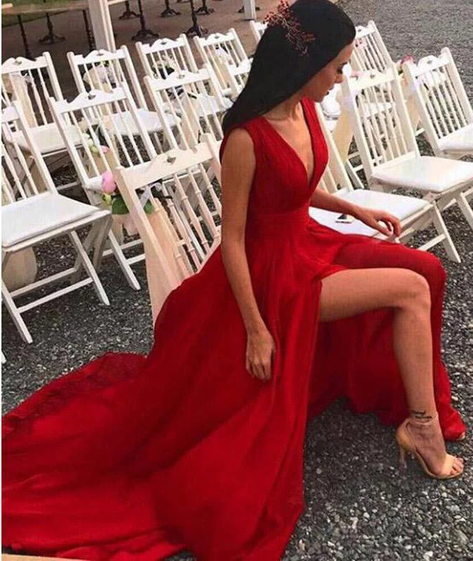 Elegante vestido de fiesta rojo con escote en V y abertura, corte A, de gasa, sexy, largo hasta el suelo 