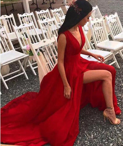 Elegante vestido de fiesta rojo con escote en V y abertura, corte A, de gasa, sexy, largo hasta el suelo 