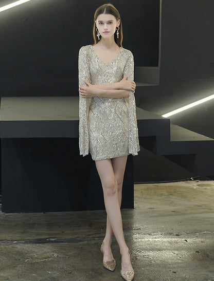 Model posing in the sequined sheath dress, emphasizing its overall fit and radiant texture.