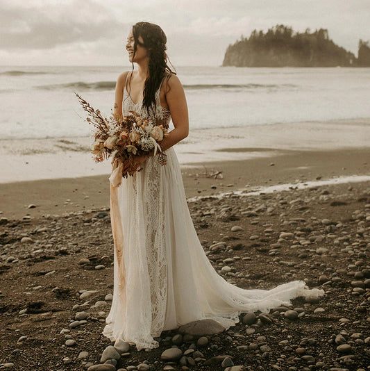 Vestidos de novia de playa con escote en V y espalda descubierta de gasa 