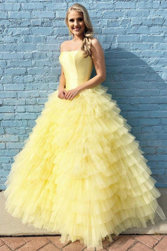 Elegantes vestidos de fiesta amarillos sin tirantes hasta el suelo, vestidos de quinceañera 