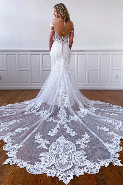 Vestidos de novia vintage de sirena, ajustados, con encaje y escote en V y manga corta 