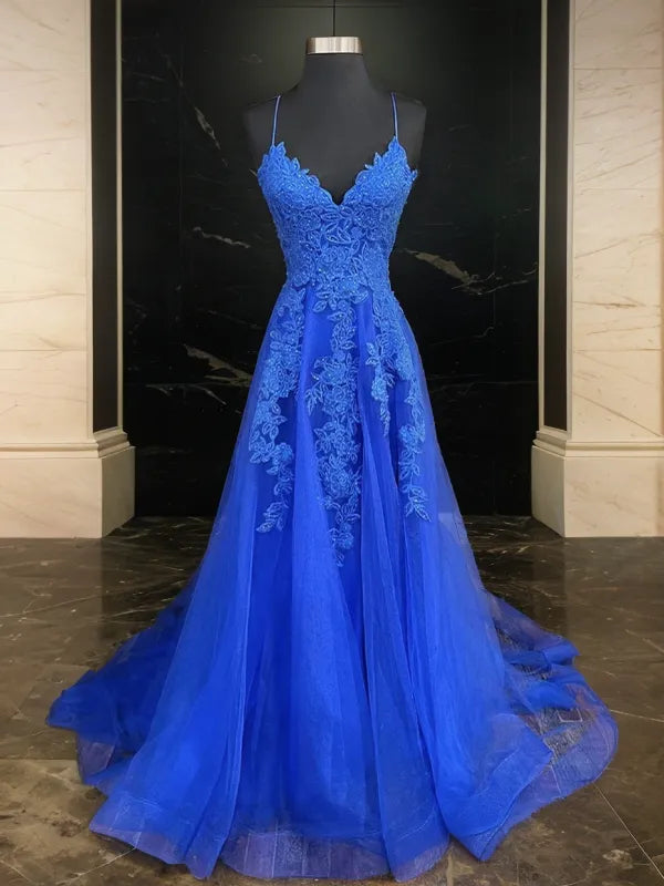 Elegant A-Line Deep V-Neck Spaghetti-Strap Lace Back Train-Length Evening Dresses