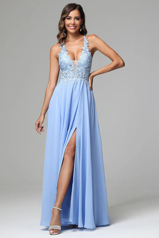 Backless Elegant A-Line Halter Sleeveless Lace Appliqué Sky Blue Long Prom Dress For Women Custom