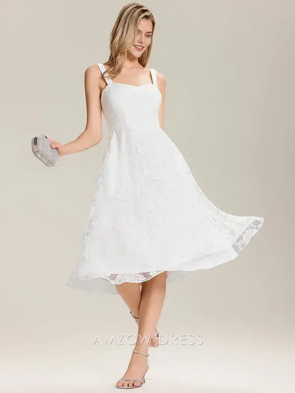 Elegant A-Line Mesh Square Neck Floral Lace Midi Dress Prom Dress