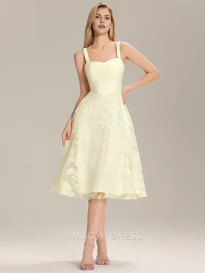 Elegant A-Line Mesh Square Neck Floral Lace Midi Dress Prom Dress