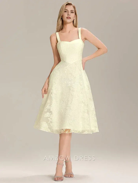 Elegant A-Line Mesh Square Neck Floral Lace Midi Dress Prom Dress