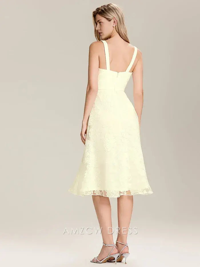 Elegant A-Line Mesh Square Neck Floral Lace Midi Dress Prom Dress