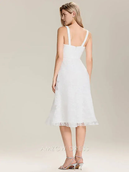 Elegant A-Line Mesh Square Neck Floral Lace Midi Dress Prom Dress