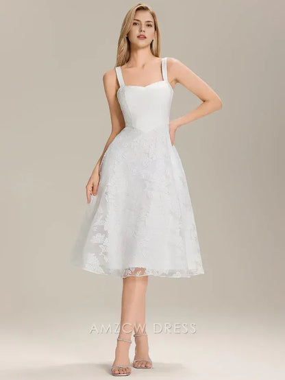 Elegant A-Line Mesh Square Neck Floral Lace Midi Dress Prom Dress
