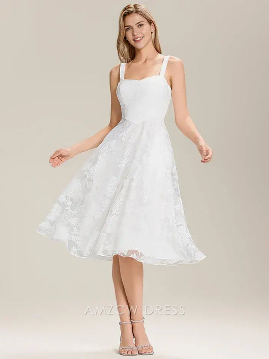 Elegant A-Line Mesh Square Neck Floral Lace Midi Dress Prom Dress