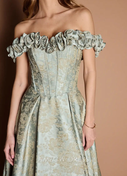 Amzcw Elegantes Vestidos de Fiesta Línea A Satén Verde Azulado con Hombros Descubiertos Mini Vestido Corto Venta Caliente para Mujeres 