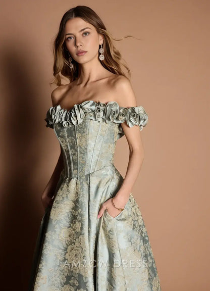 Amzcw Elegantes Vestidos de Fiesta Línea A Satén Verde Azulado con Hombros Descubiertos Mini Vestido Corto Venta Caliente para Mujeres 