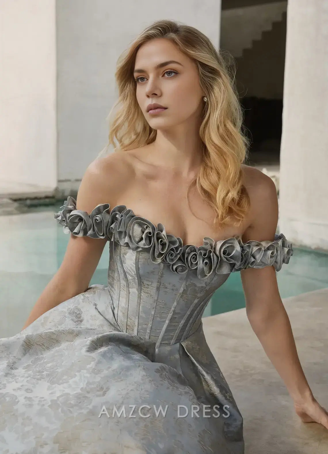 Amzcw Elegantes Vestidos de Fiesta Línea A Satén Verde Azulado con Hombros Descubiertos Mini Vestido Corto Venta Caliente para Mujeres 