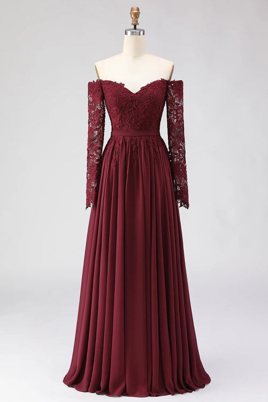 Elegant A-Line Off-the-Shoulder Lace-Sleeve Button-Back Floor-Length Mother of the Bride Dresses