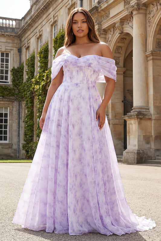 Elegant A-Line Off-the-Shoulder Sweetheart Neck Sleeveless Open Back Floor-Length Tie-Dye Print Prom Dress