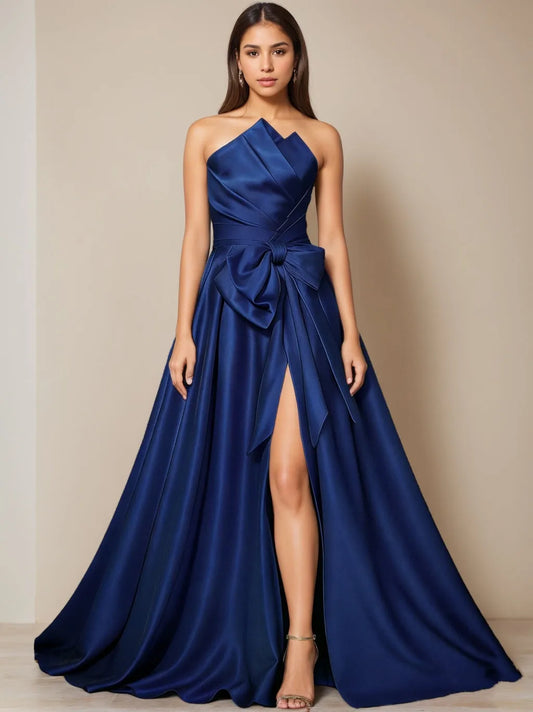 Elegant A-Line One-Shoulder Sleeveless Bow Back Floor-Length Evening Dresses