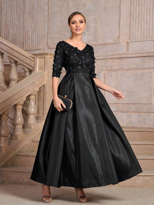 Elegant A-Line/Princess 3/4 Sleeve Floral Embellished Satin Ball Gown Maxi Dress Prom Dress