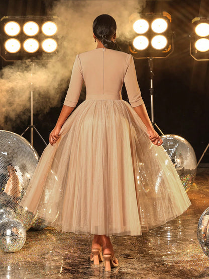 Elegant A-Line/Princess Blazer-Style 3/4 Sleeve Tulle Midi Dress Prom Dress