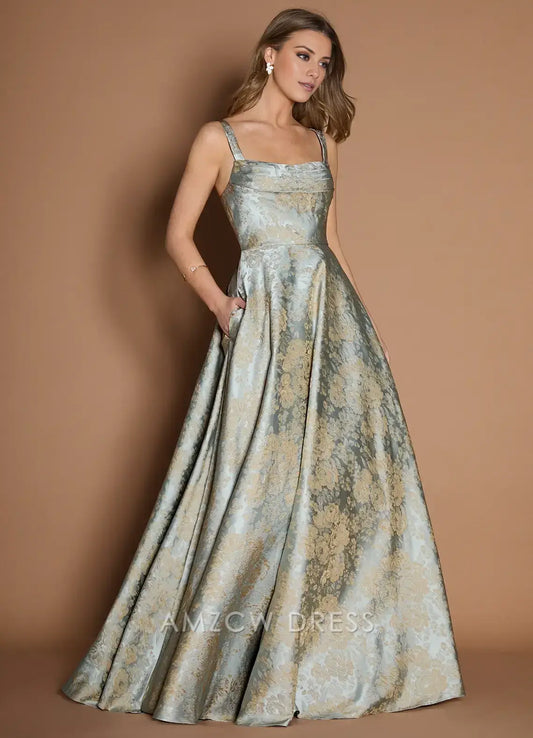 Elegant A-Line/Princess Floral Jacquard Square Neck Wide Strap A-Line Maxi Dress Prom Dress