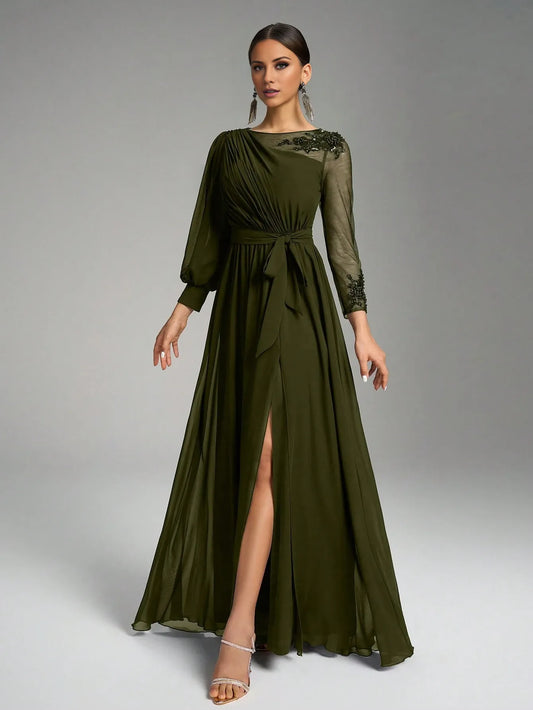 Elegant A-Line/Princess Long-Sleeve Sequin-Embellished Chiffon Maxi Dress Prom Dress